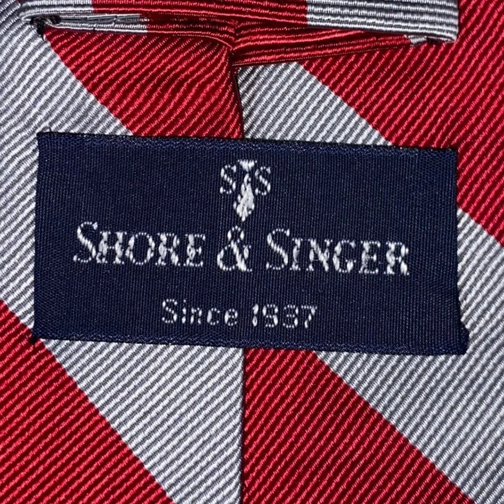 Shore‎ & Singer Mens Red Silver Striped Silk Handmade Necktie Classic 2889